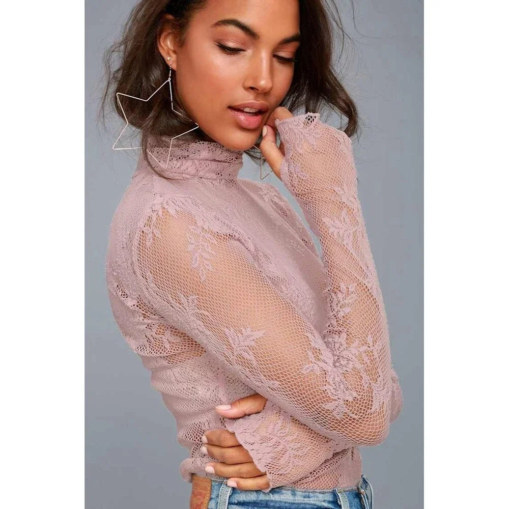 Intimately Free People Sweet Secrets Pink Crystal Sheer Lace Turtleneck Top S